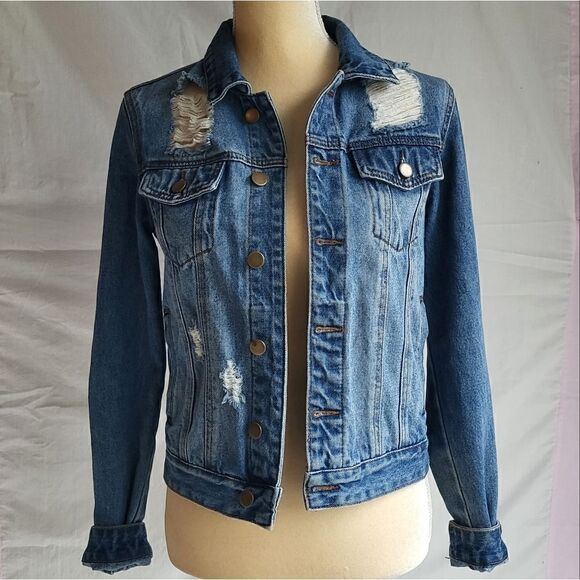 Fashion Nova Distressed Dark Wash Jean Jacket Size XS - Picture 3 of 10